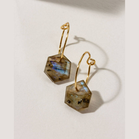 14Kt Sterling Silver Geometry Mini Hoop Earrings-Labradorite