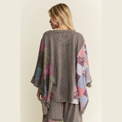 Mineral Washed Boho Patch Poncho Top