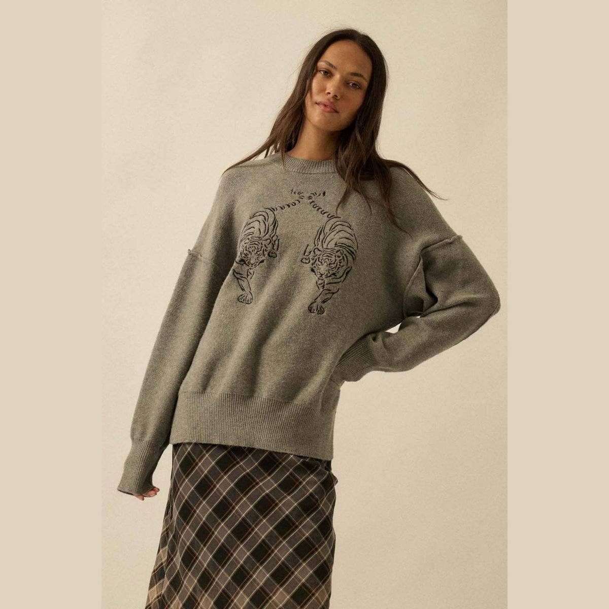 Embroidered Tigers Solid Knit Exposed-Seam Sweater - The Feral Market