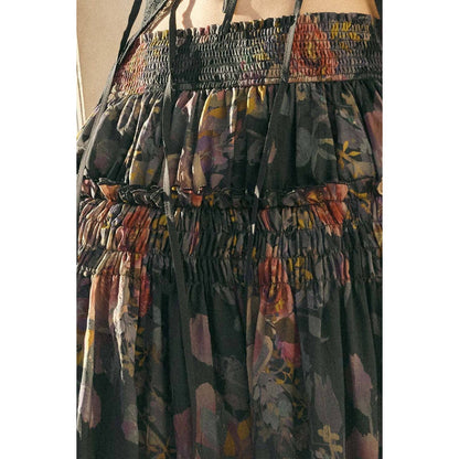 Floral-Print Smocked Drop-Waist Ruffle Maxi Skirt