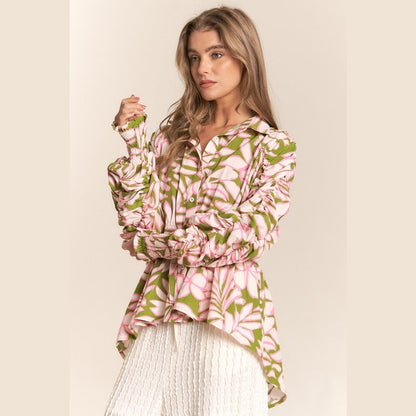 Floral Ruched Sleeve High Low Button Down Top