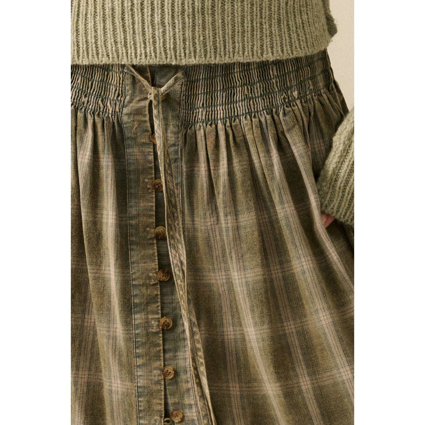 Plaid Flannel Button-Front Drawstring Maxi Skirt