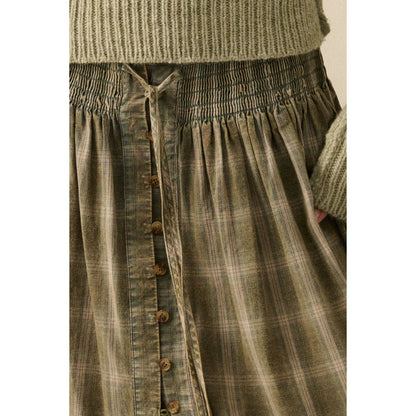 Plaid Flannel Button-Front Drawstring Maxi Skirt