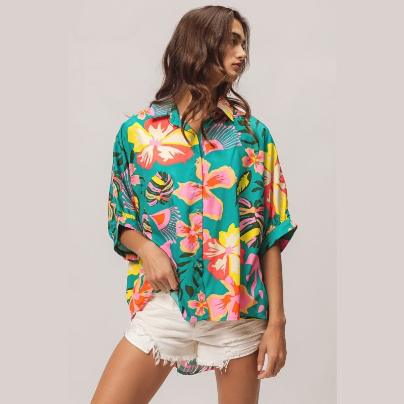 Floral Print Short Dolman Sleeve Blouse