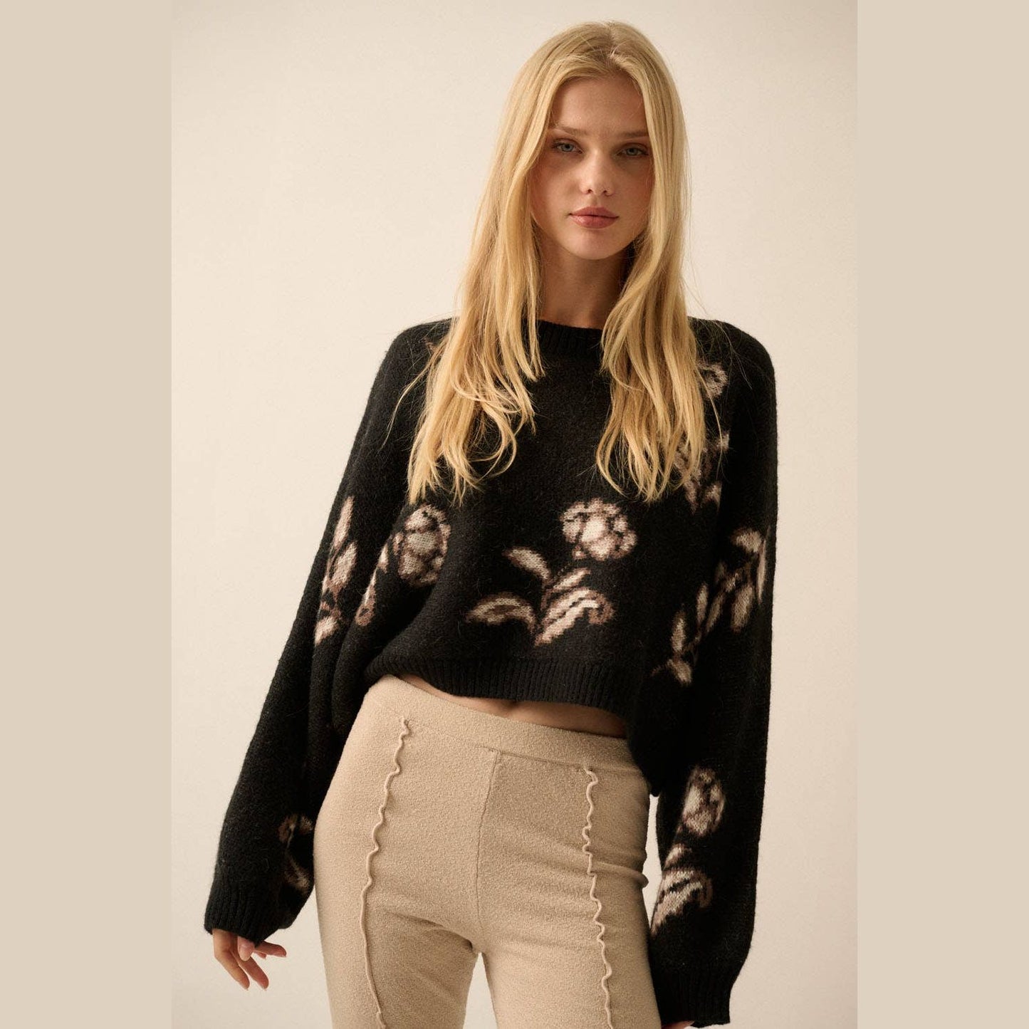 Floral Knit Cropped Dolman-Sleeve Sweater