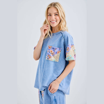Mineral Washed Flower Patch Pocket Top