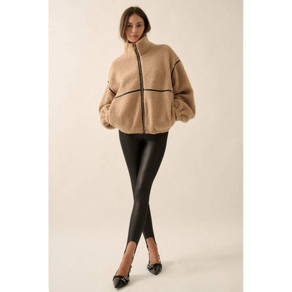 Faux Leather-Trimmed Sherpa Fleece Zip-Up Jacket
