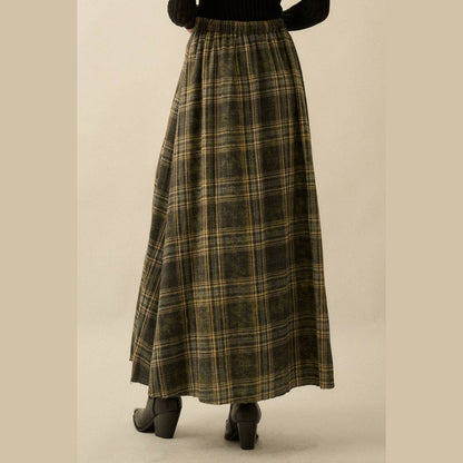 Plaid Flannel Pleated Wrapped Raw-Edge Maxi Skirt