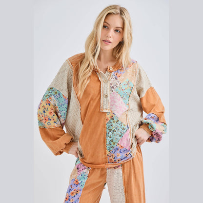 Mineral Washed Floral WaveKnit Jacquard Boho Top