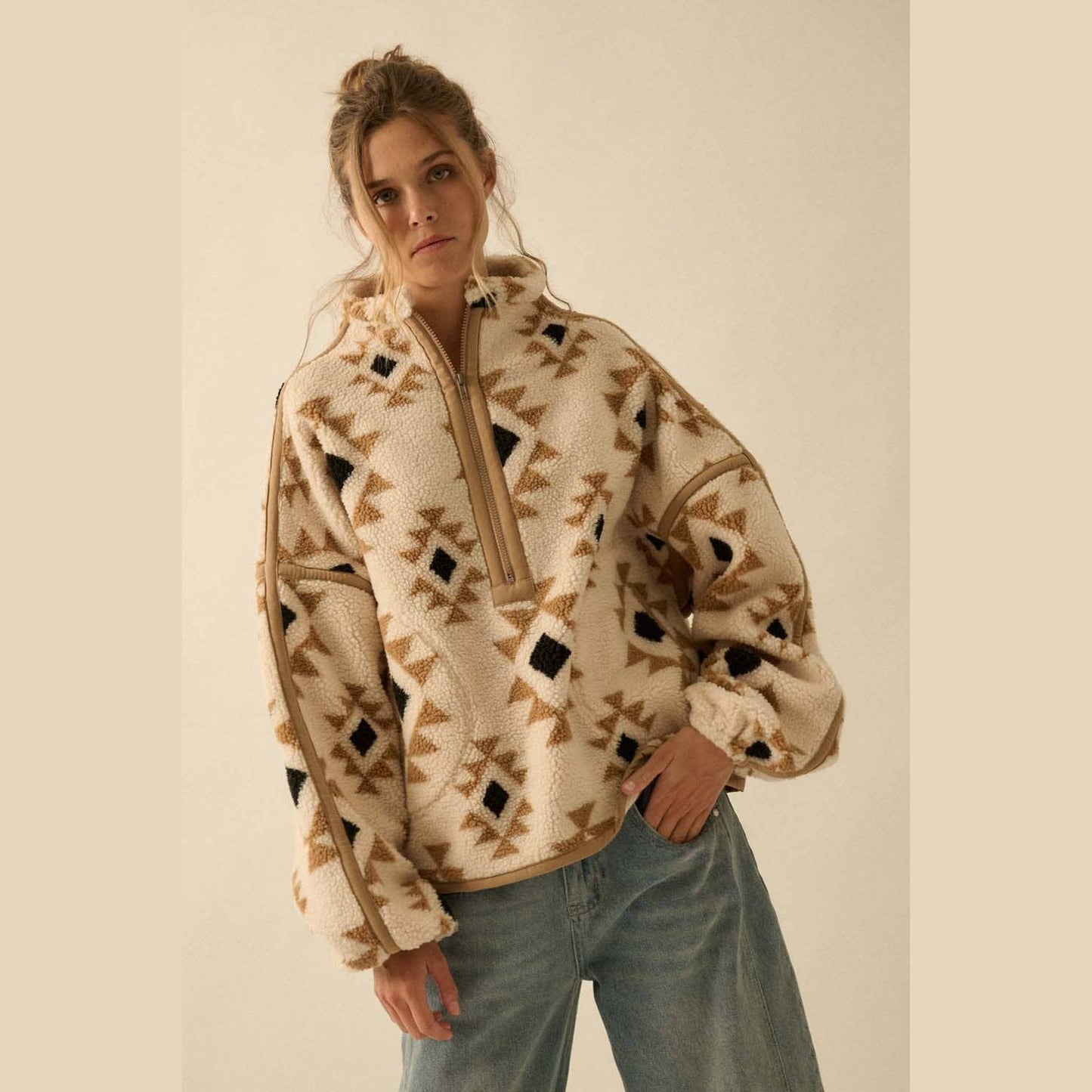 Geometric-Print Sherpa Fleece Half-Zip Pullover