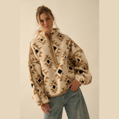 Geometric-Print Sherpa Fleece Half-Zip Pullover