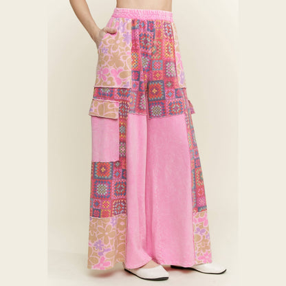 Mineral Wash Boho Crochet Floral Printed Pants