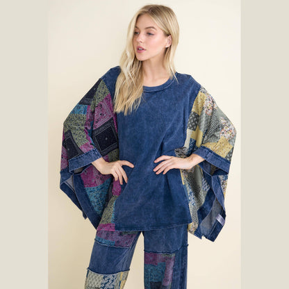 Mineral Washed Boho Patch Poncho Top