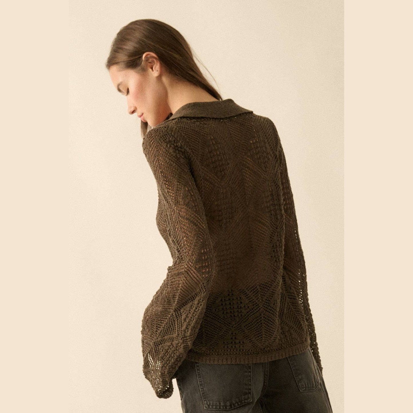 Solid Geometric-Pointelle Bell-Sleeve Cardigan