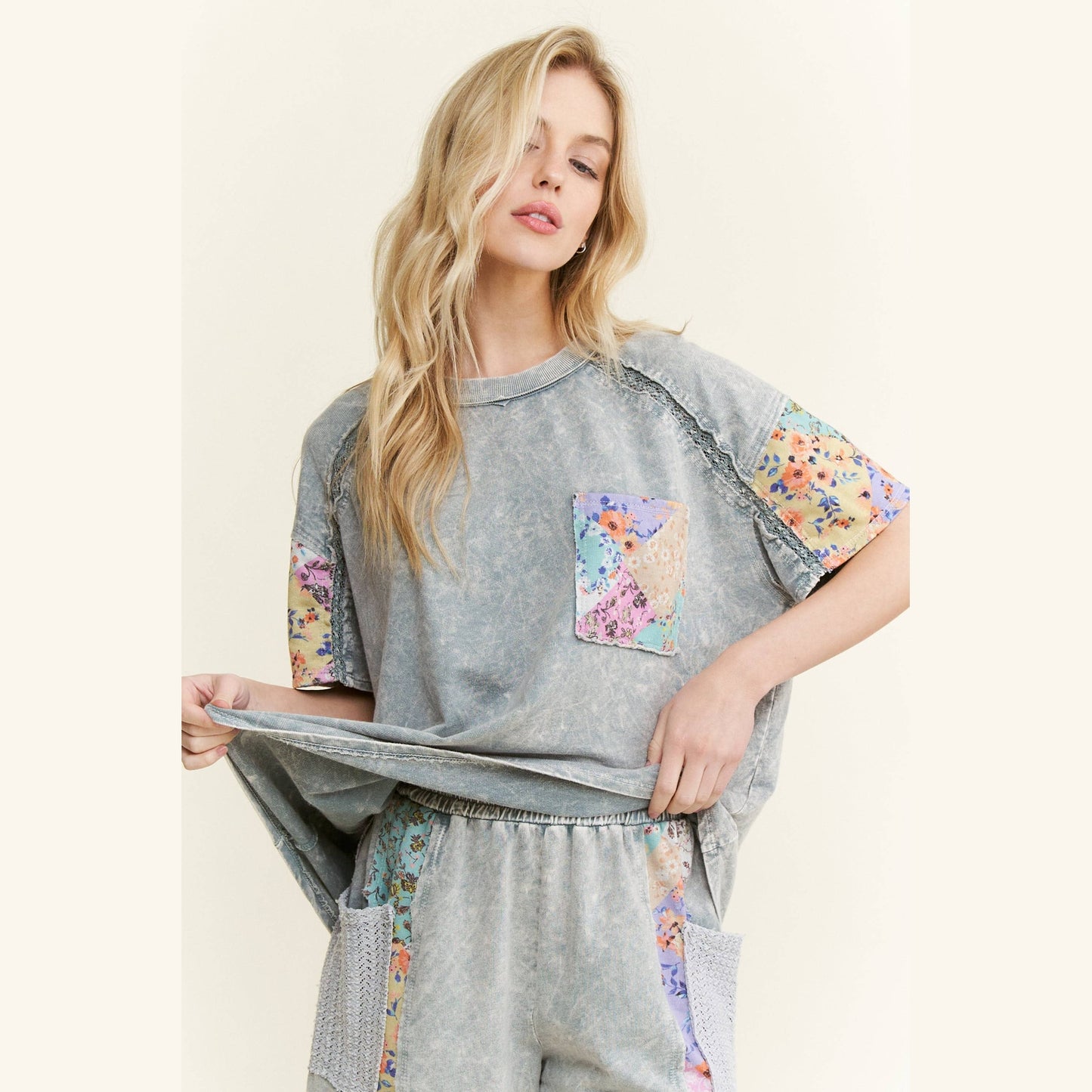 Mineral Washed Flower Patch Pocket Top