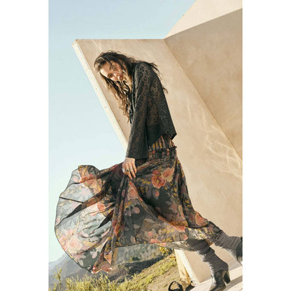 Floral-Print Smocked Drop-Waist Ruffle Maxi Skirt