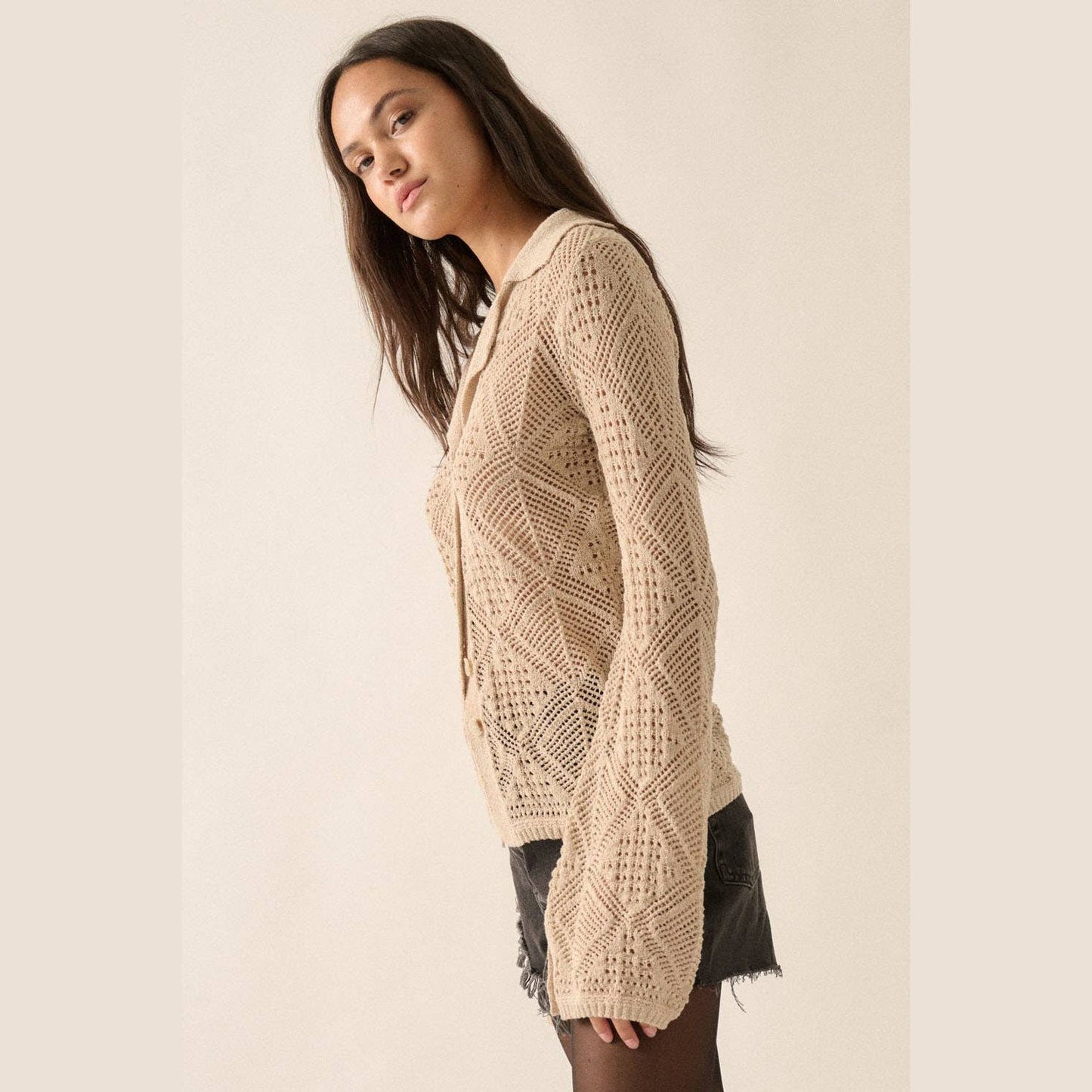 Solid Geometric-Pointelle Bell-Sleeve Cardigan