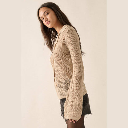 Solid Geometric-Pointelle Bell-Sleeve Cardigan