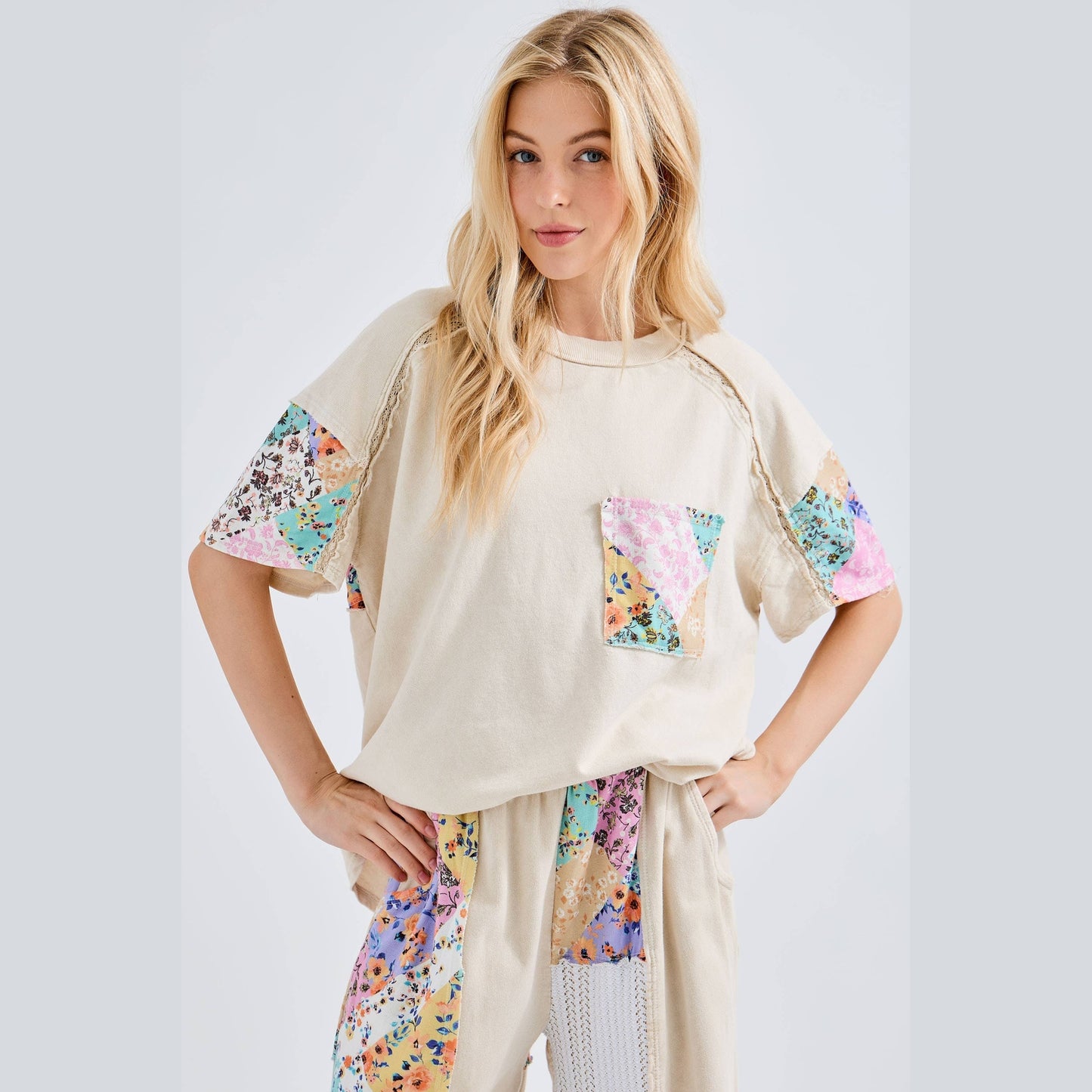 Mineral Washed Flower Patch Pocket Top