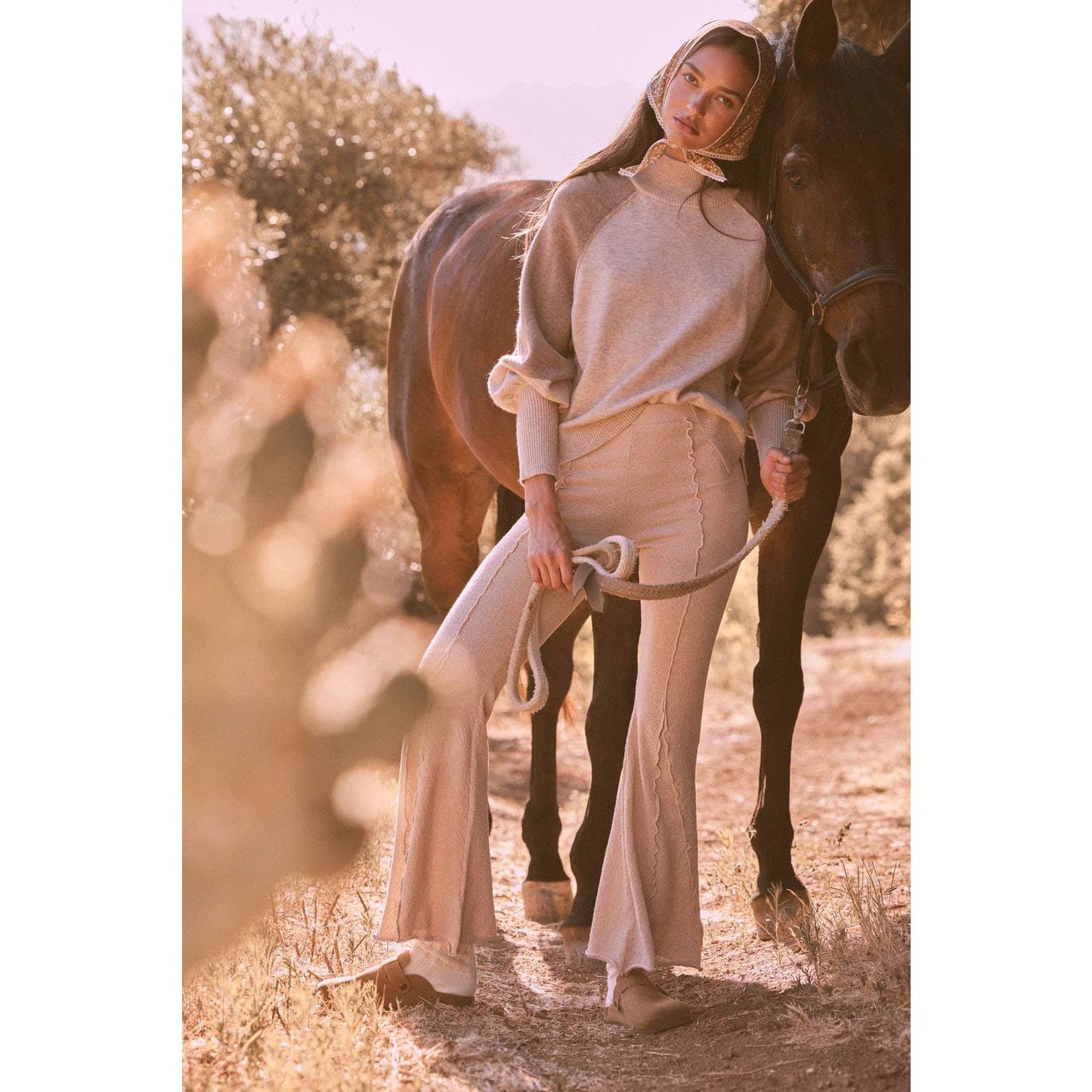 Colorblock Knit Bishop-Sleeve Mock-Neck Sweater