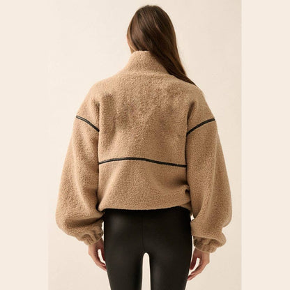 Faux Leather-Trimmed Sherpa Fleece Zip-Up Jacket