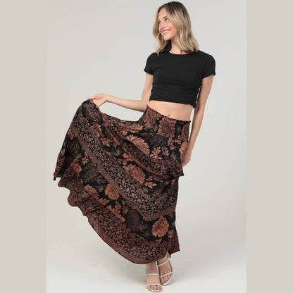 SMOCKED WAISTBAND TIERED A LINE MAXI SKIRT - The Feral Market