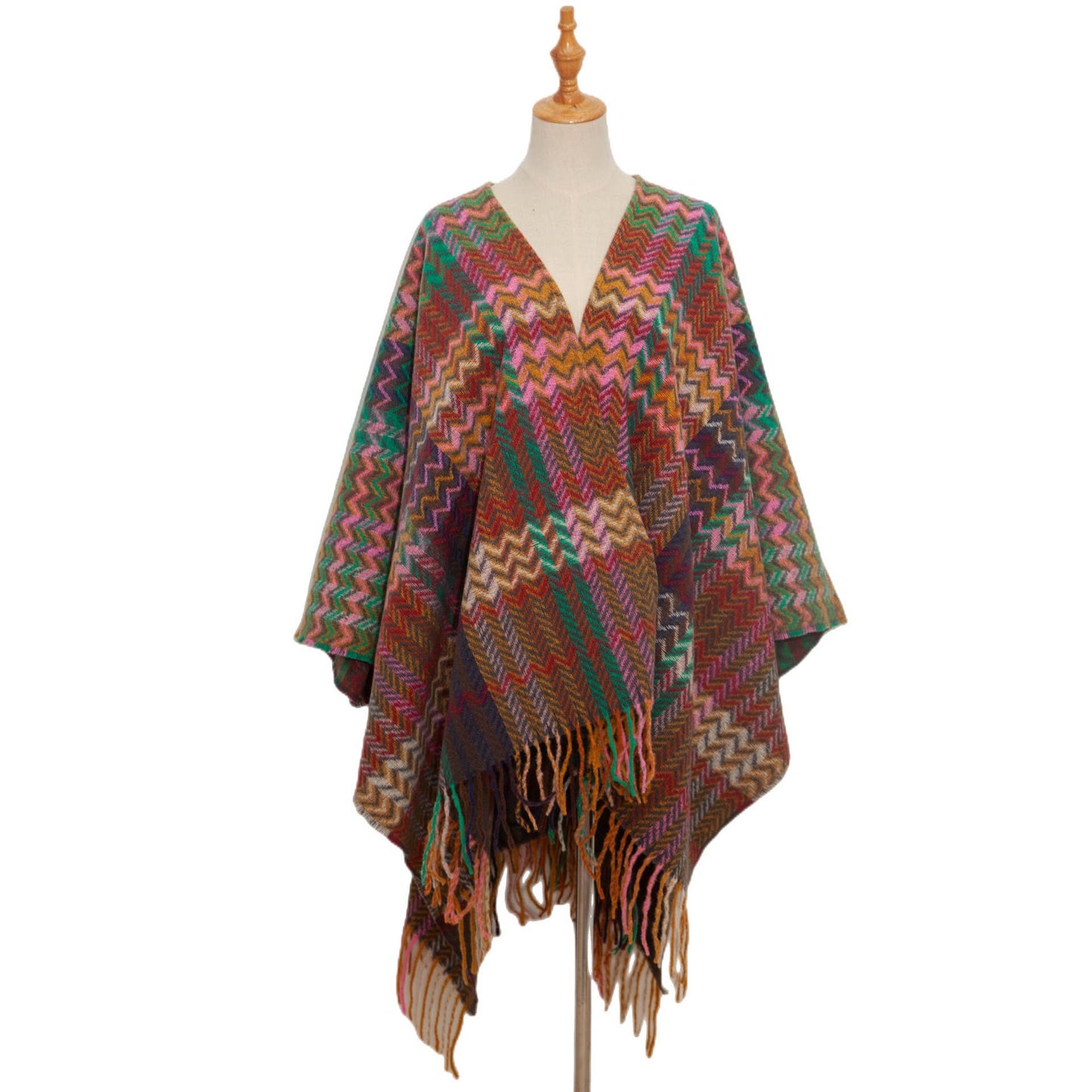 Plaid Ruana Multi-Colored Kimono shawl With Tassel Detail