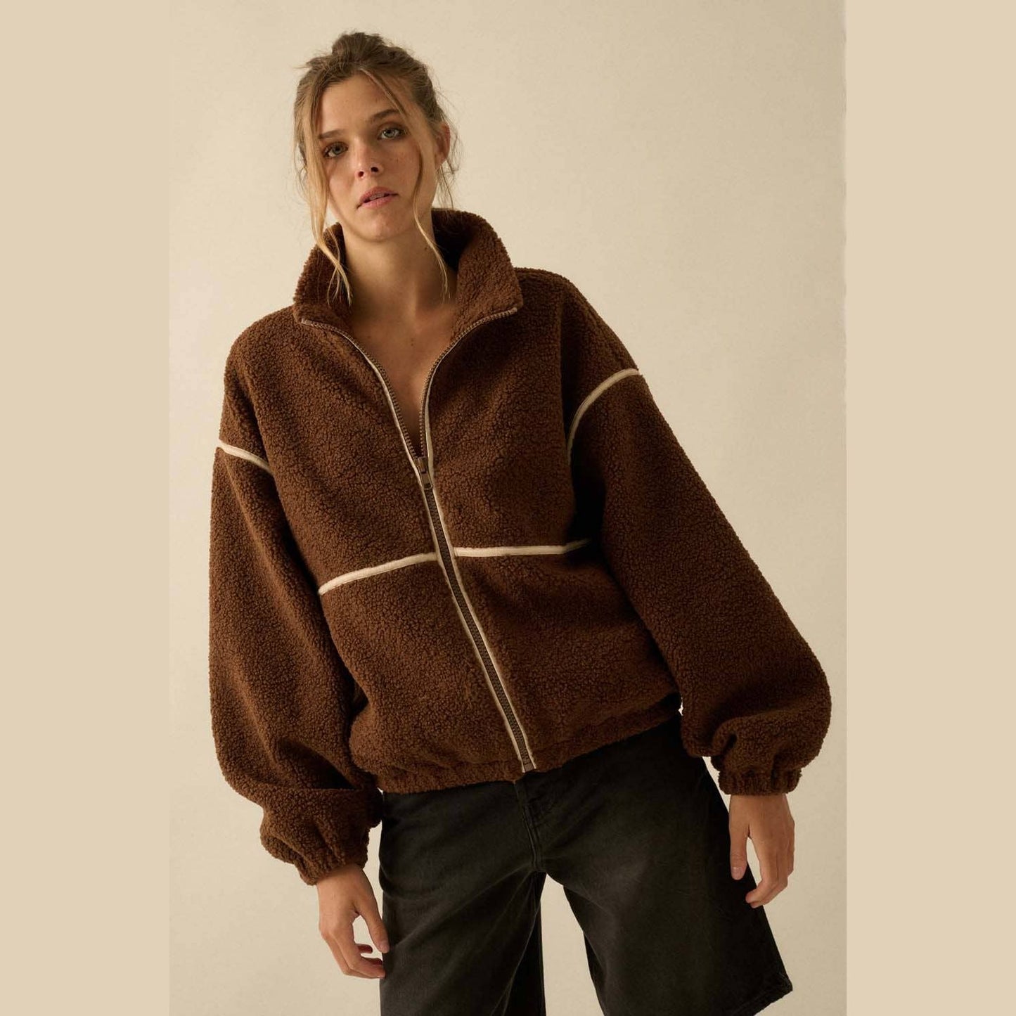Faux Leather-Trimmed Sherpa Fleece Zip-Up Jacket