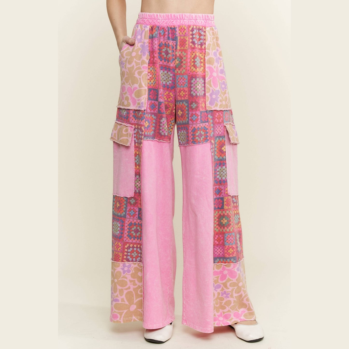 Mineral Wash Boho Crochet Floral Printed Pants