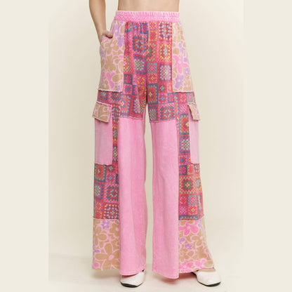 Mineral Wash Boho Crochet Floral Printed Pants
