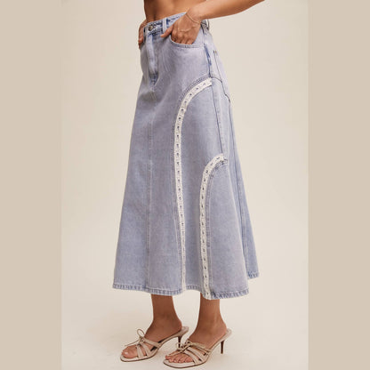Embroidered Denim Midi Skirt