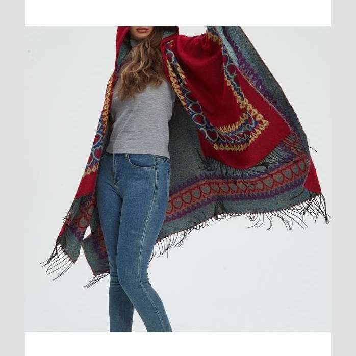 Heart crochet faux wool hooded sweater ruana wrap shawl