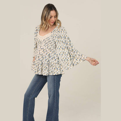 V NECK SMOCKED BUST LACE TRIM WIDE BELL SLEEVE PR