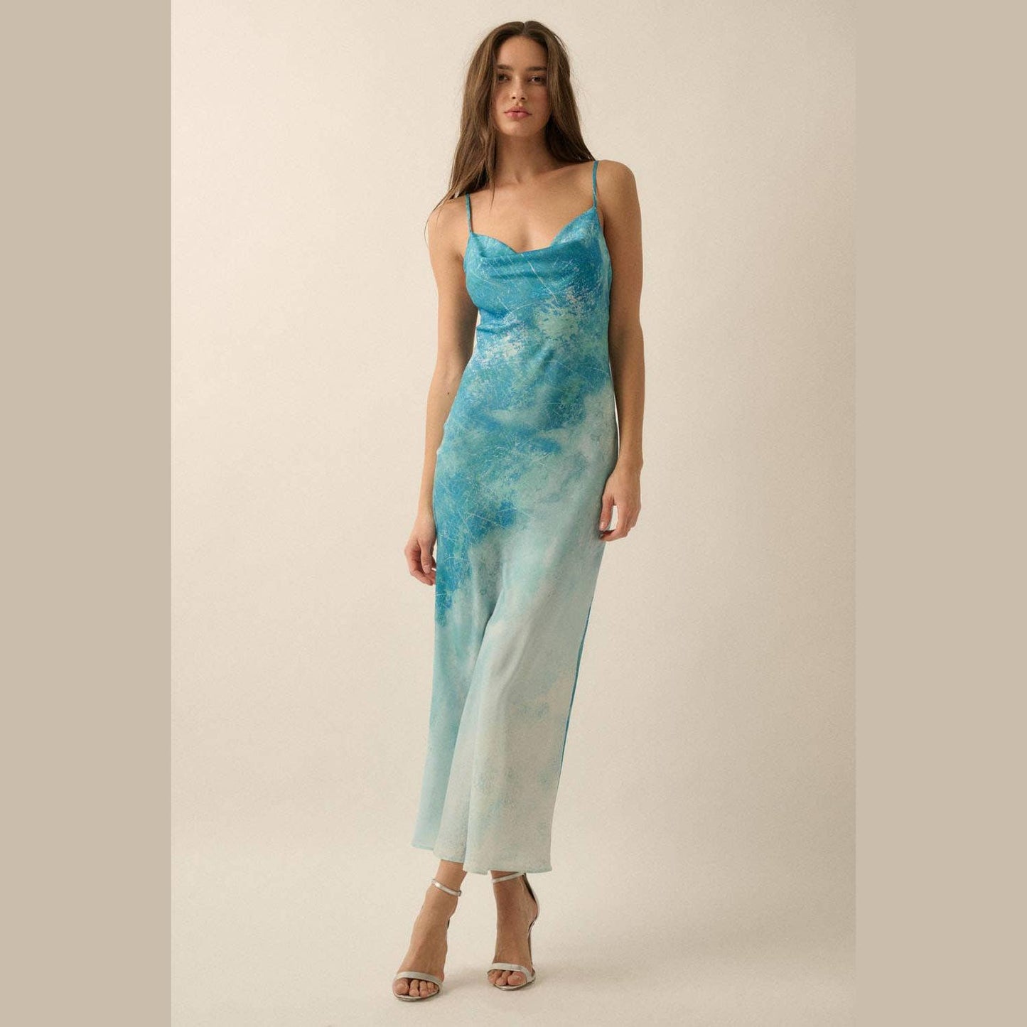 Tie Dye-Print Satin Bias-Cut Maxi Dress