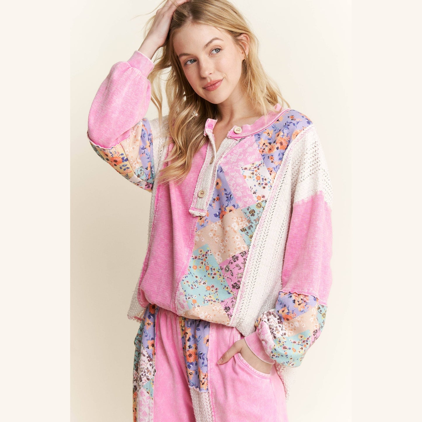 Mineral Washed Floral WaveKnit Jacquard Boho Top