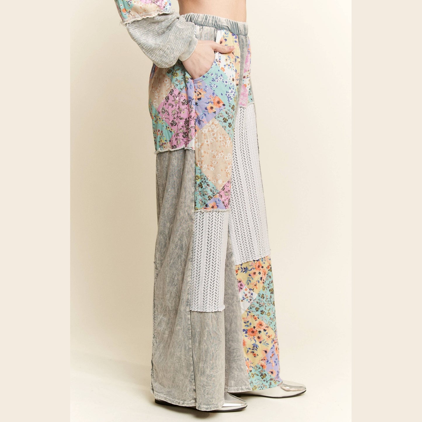 Mineral Washed Floral Wave Knit Jacquard Boho Pants