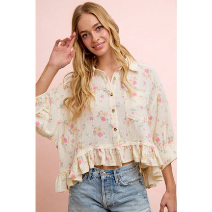Floral Crinkle Quarter Sleeve Ruffle Hem Shirt Top