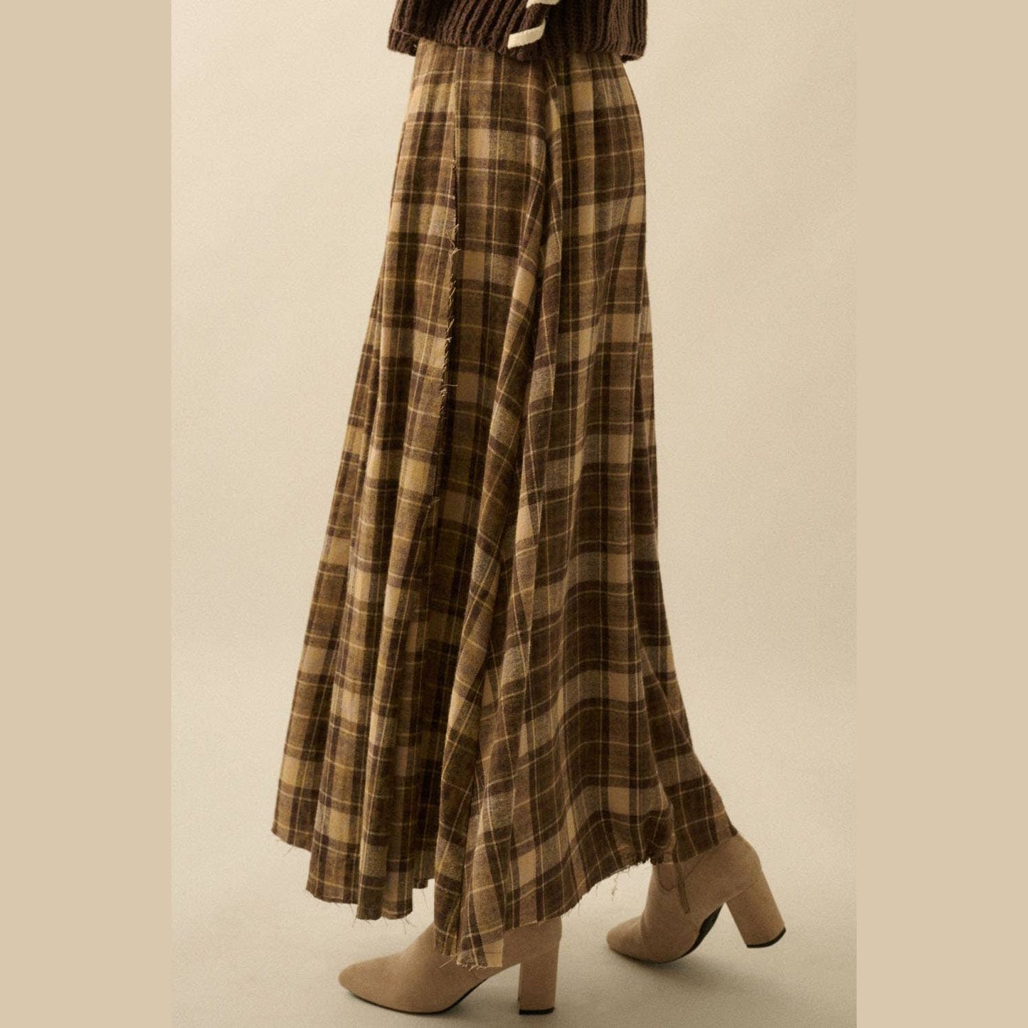 Plaid Flannel Pleated Wrapped Raw-Edge Maxi Skirt