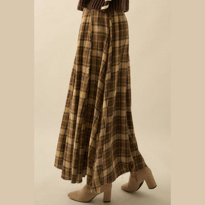 Plaid Flannel Pleated Wrapped Raw-Edge Maxi Skirt