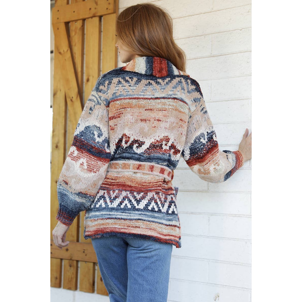 WIDE COLLAR SWEATER JACKET WITH WAIST TIE