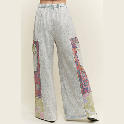 Mineral Wash Boho Crochet Floral Printed Pants