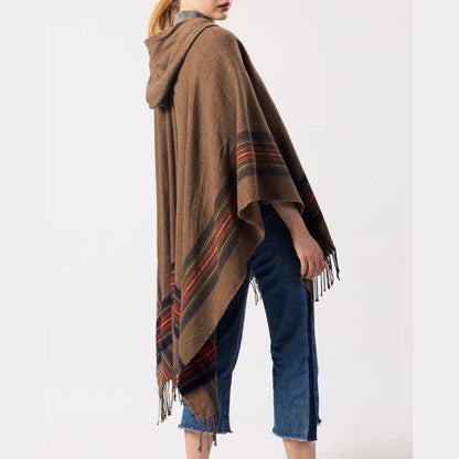 Classic plaid faux wool tartan hooded ruana fringed shawl