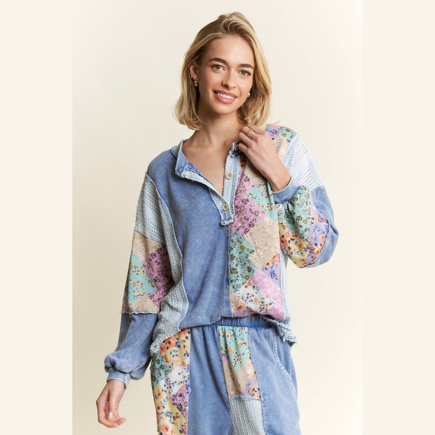 Mineral Washed Floral WaveKnit Jacquard Boho Top