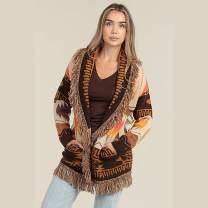 FRINGE SHAWL COLLARD AZTEC CARDIGAN SWEATER