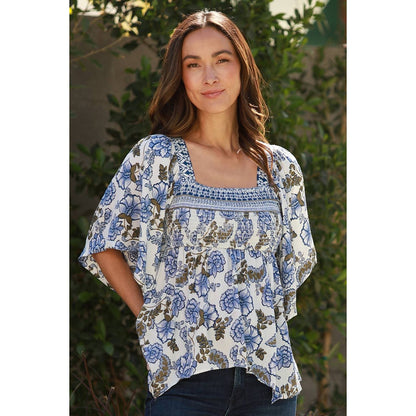 Blue Floral Flowy Smocked Top