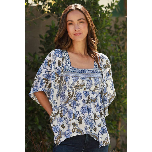 Blue Floral Flowy Smocked Top