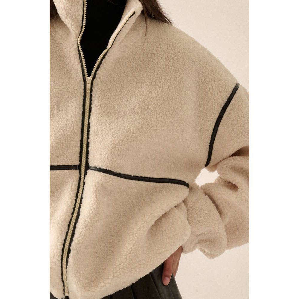 Faux Leather-Trimmed Sherpa Fleece Zip-Up Jacket