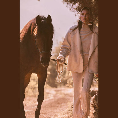 Colorblock Knit Bishop-Sleeve Mock-Neck Sweater