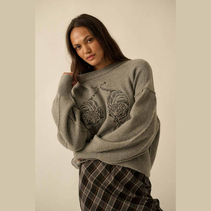 Embroidered Tigers Solid Knit Exposed-Seam Sweater - The Feral Market