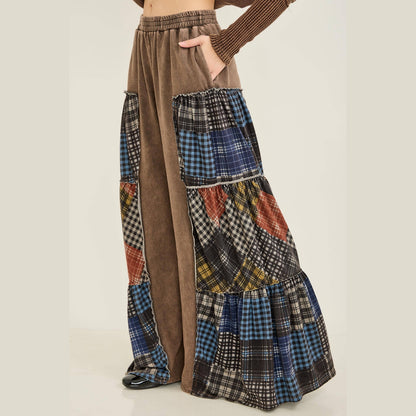 Mineral Washed Tiered Plaid Wide Flare Pants